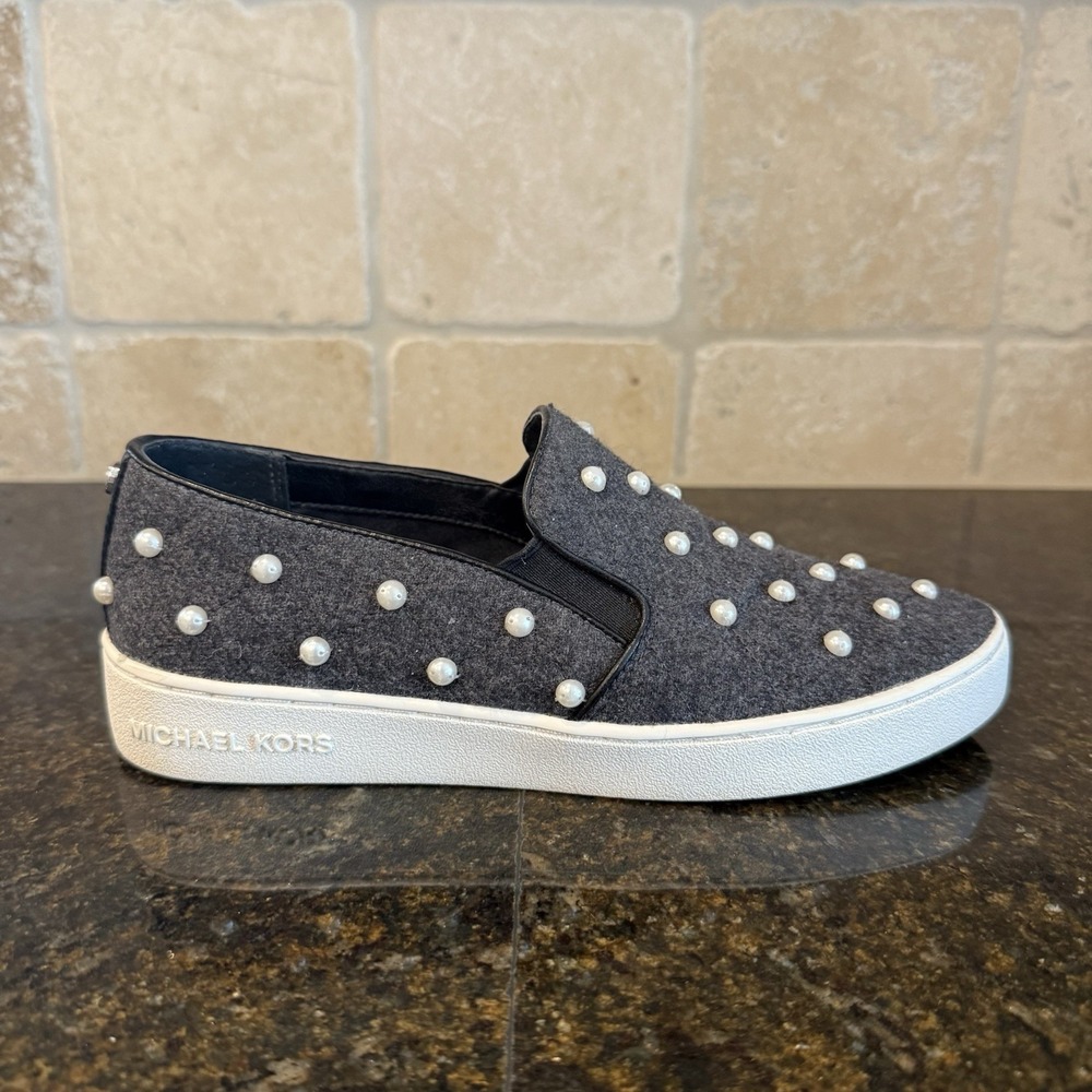 Michael Kors Grey Wool Pearl-Embellished Slip-On Sneakers - Picture 3 of 13